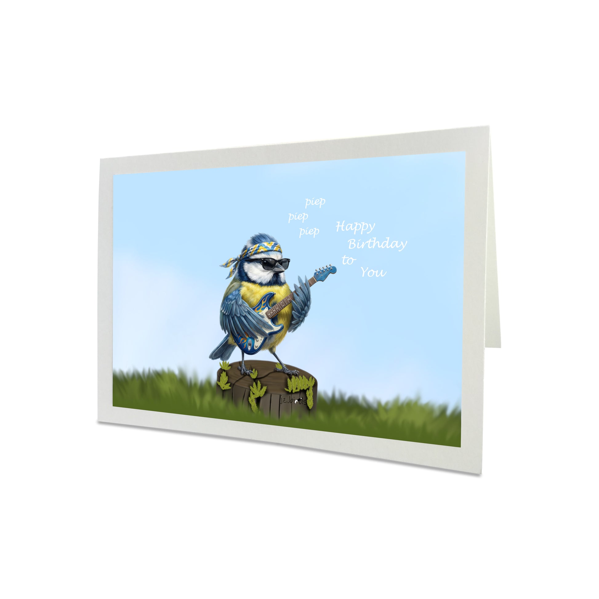 Geburtstagskarte Blaumeise mit Gitarre – Hochwertige Klappkarte Happy Birthday - Inklusive Umschlag