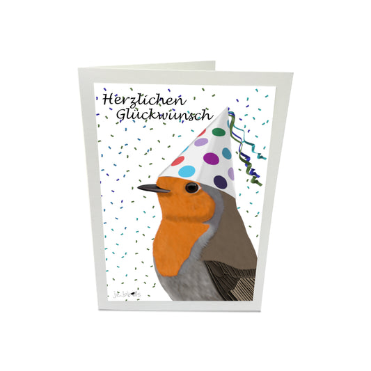 Geburtstagskarte Rotkehlchen mit Partyhut Vogel Herzlichen Glückwunsch Glückwunschkarte mit Umschlag