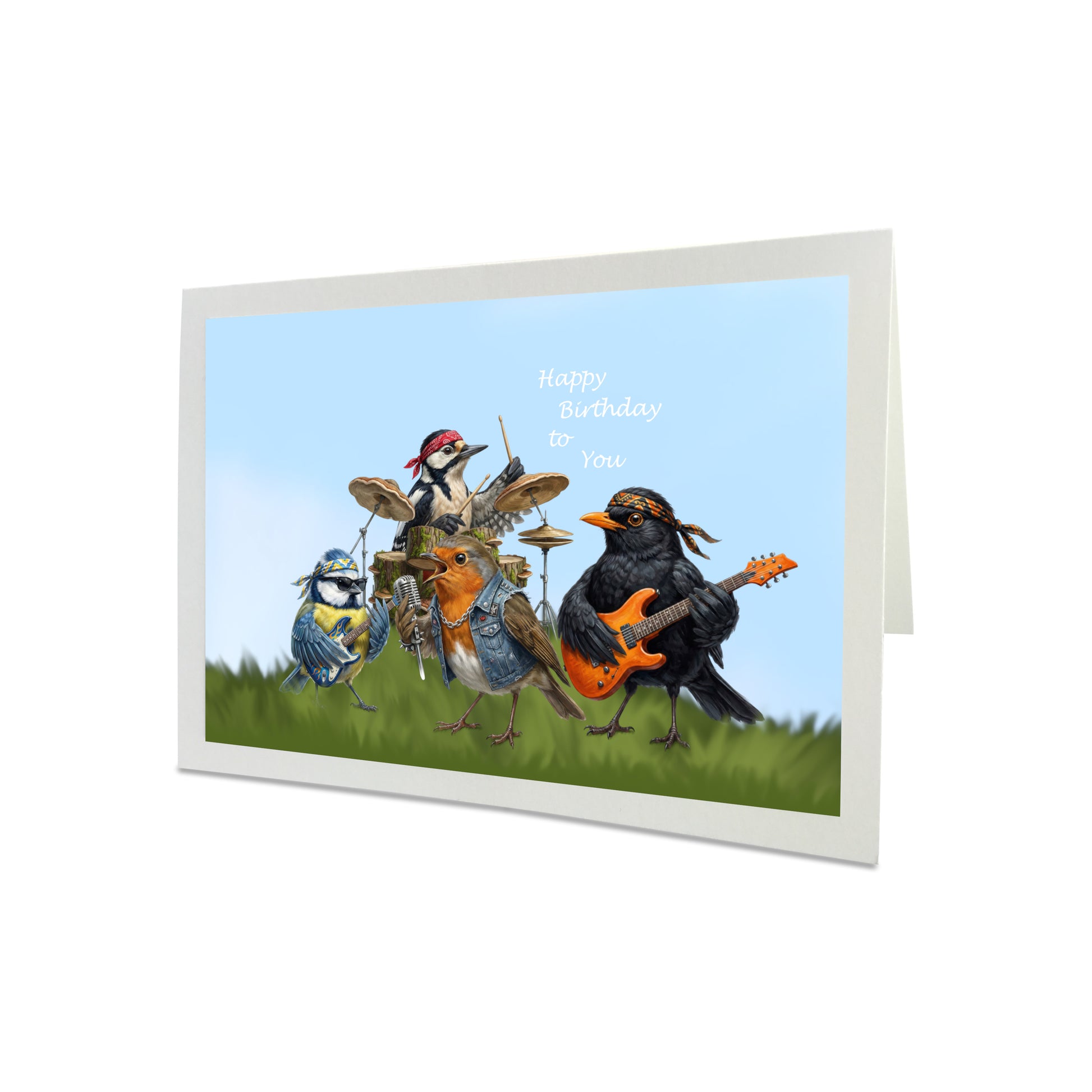 Birthday card with cartoon birds playing music on a grassy field