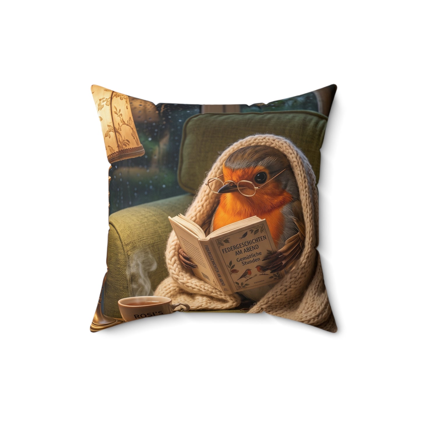 Gemütliches 40x40 cm Dekokissen mit einer digital gemalten Illustration von Rosi Rotkehlchen, das in eine Decke gekuschelt auf dem Sofa ein Buch liest.