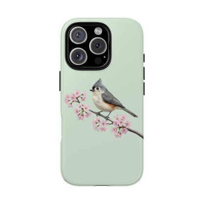 Grauhäubchenmeise Handyhülle in Salbeigrün | Florales Kirschblüten Vogel-Motiv für iPhone & Google Pixel