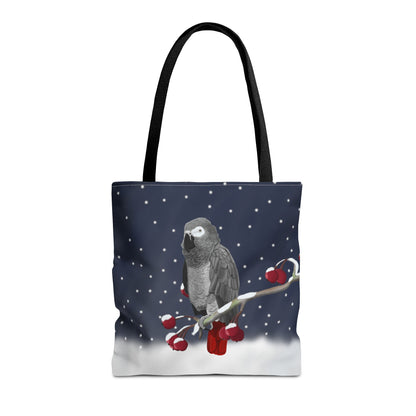 Graupapagei auf einem Ast im Schnee Vogel Tragetasche