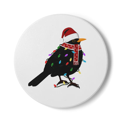 Keramik-Untersetzer Amsel als Weihnachtsmann mit Lichterkette Weihnachtliches Vogel-Motiv
