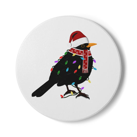 Keramik-Untersetzer Amsel als Weihnachtsmann mit Lichterkette Weihnachtliches Vogel-Motiv