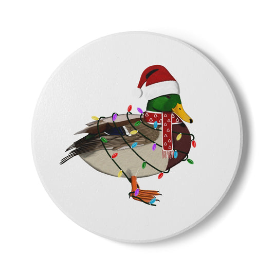 Keramik-Untersetzer Ente als Weihnachtsmann mit Lichterkette Weihnachtliches Vogel-Motiv