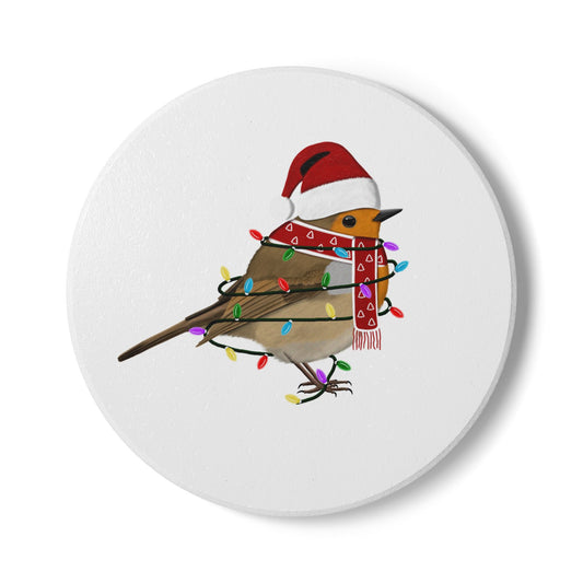 Keramik-Untersetzer Rotkehlchen als Weihnachtsmann mit Lichterkette Weihnachtliches Vogel-Motiv