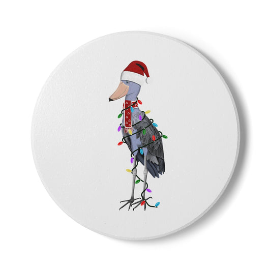 Keramik-Untersetzer Schuhschnabel als Weihnachtsmann mit Lichterkette Weihnachtliches Vogel-Motiv
