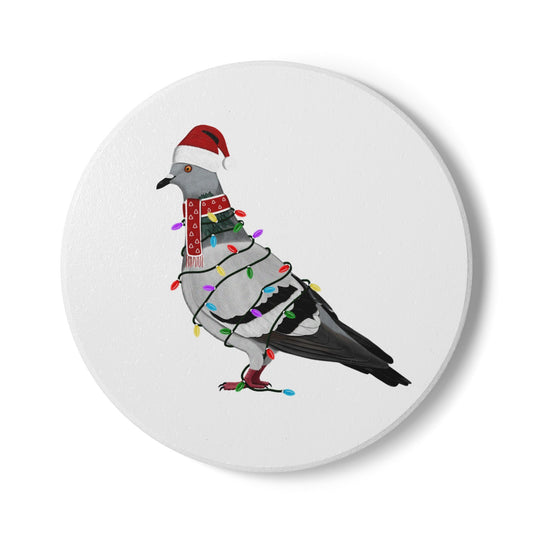 Keramik-Untersetzer Taube als Weihnachtsmann mit Lichterkette Weihnachtliches Vogel-Motiv