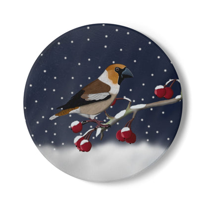 Kernbeißer im Schnee Keramik-Untersetzer: Weihnachtliches Vogel-Motiv