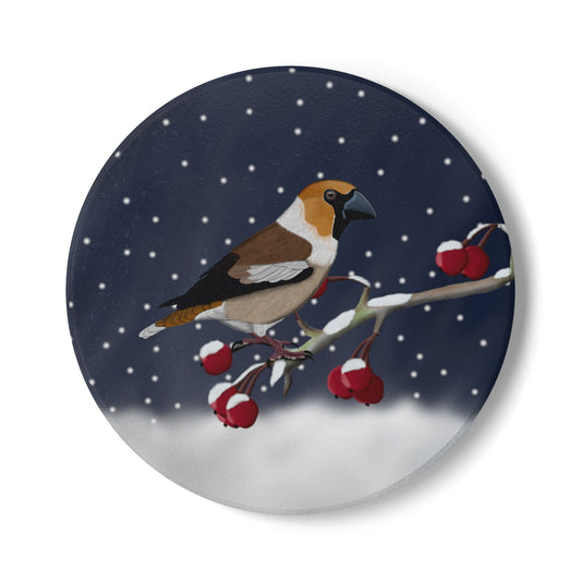 Kernbeißer im Schnee Keramik-Untersetzer: Weihnachtliches Vogel-Motiv