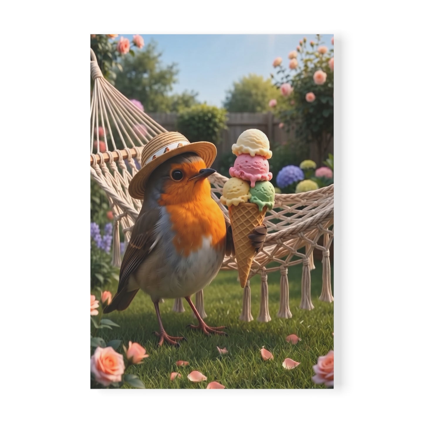 Kompaktes A5 Notizbuch. Auf dem matt laminierten Cover ist eine farbenfrohe digitale Illustration aufgedruckt: Das Rotkehlchen Rosi steht mit Sonnenhut in einem sommerlichen Garten und hält ein riesiges Eis mit vier Kugeln.