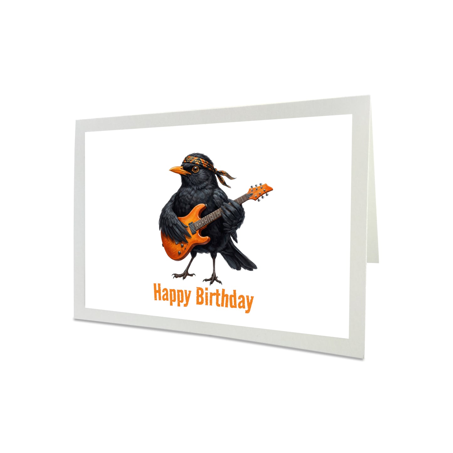Grußkarte mit einer Amsel, die Gitarre spielt, und dem Text „Happy Birthday“ auf weißem Hintergrund