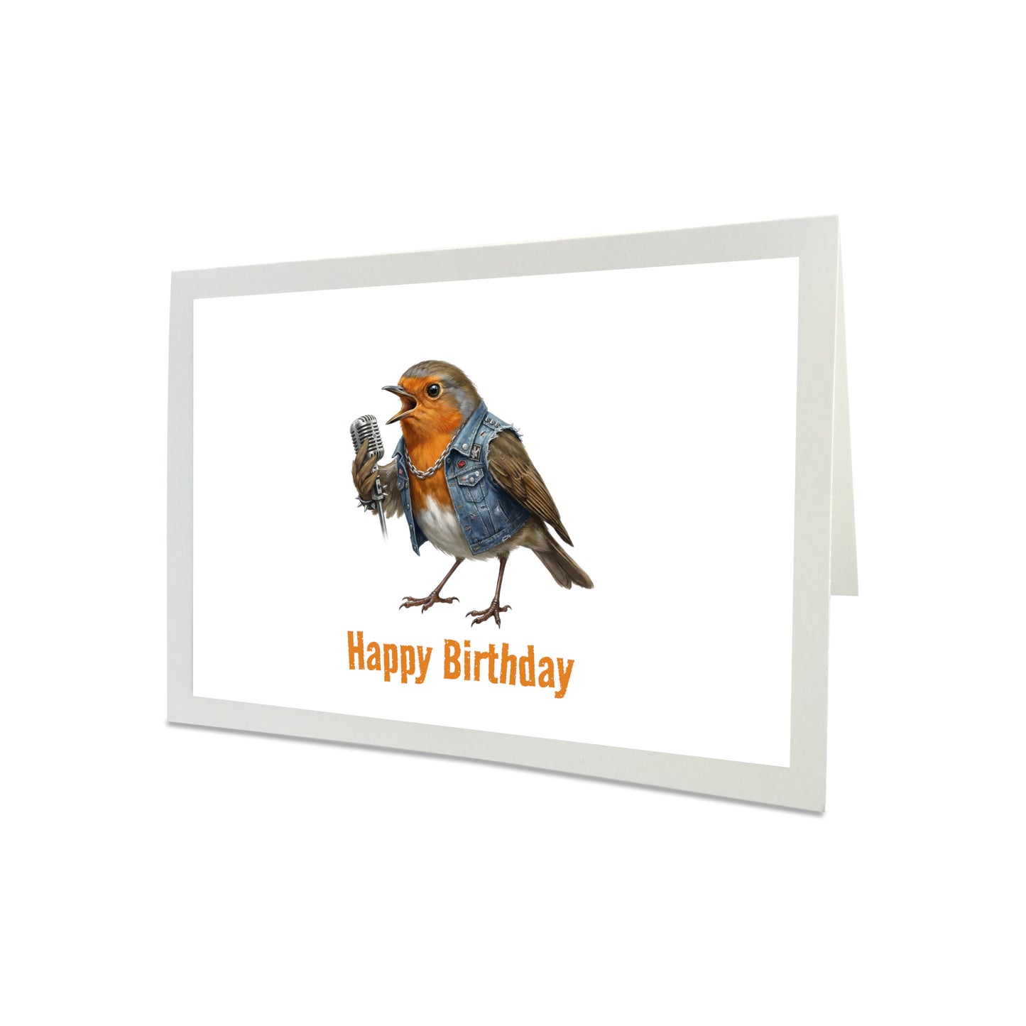Grußkarte mit einem Rotkehlchen, das in ein Mikrofon singt, und dem Text „Happy Birthday“ auf weißem Hintergrund
