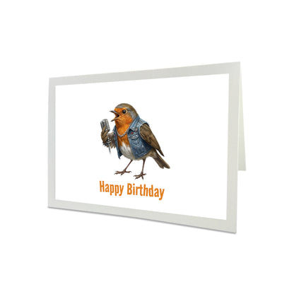 Grußkarte mit einem Rotkehlchen, das in ein Mikrofon singt, und dem Text „Happy Birthday“ auf weißem Hintergrund