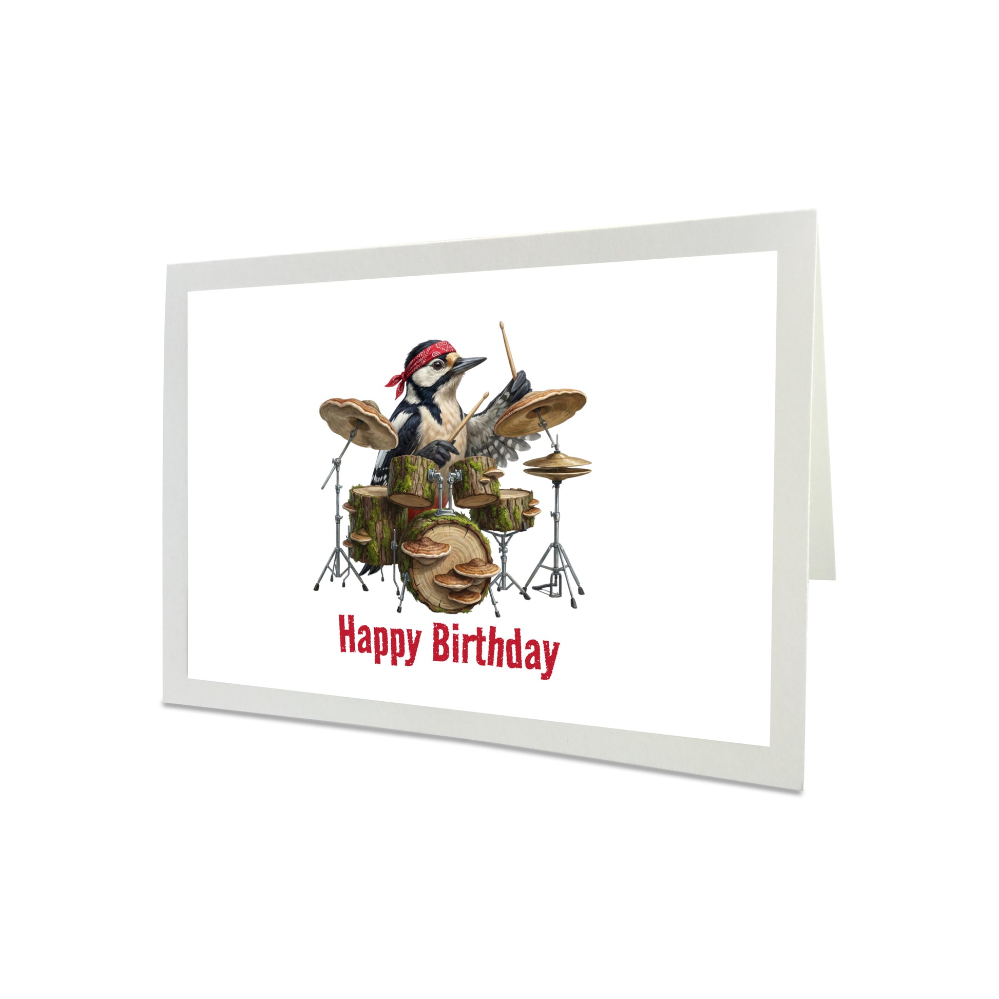 Grußkarte mit einem Specht, der Schlagzeug spielt, und dem Text „Happy Birthday“ auf weißem Hintergrund