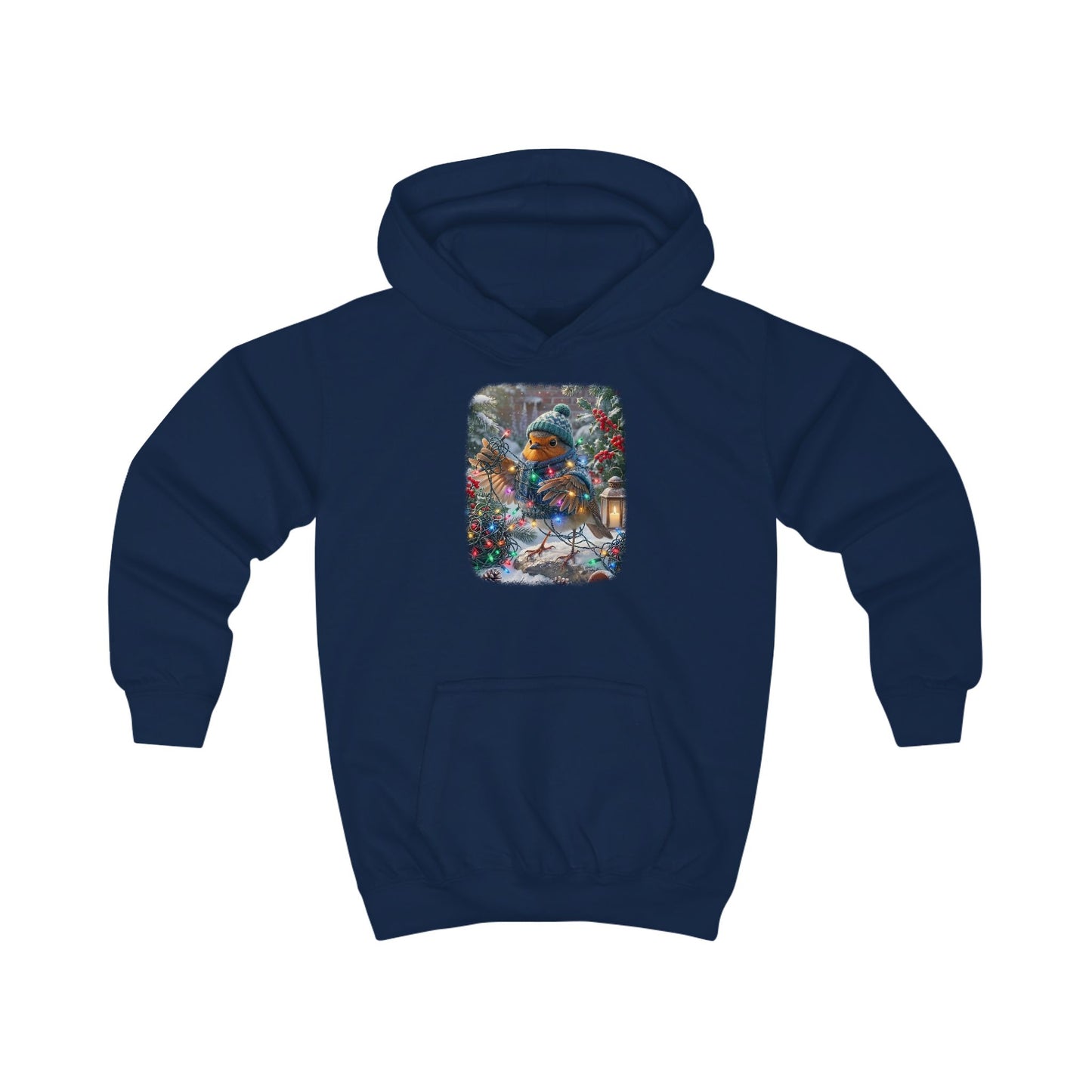 Lustiger Vogel Hoodie für Kinder. Das kleine Rotkehlchen Rosi trägt Mütze und Schal im Winter und hat sich beim Schmücken lustig in einer leuchtenden Lichterkette verheddert. Ein tolles warmes Geschenk für kleine Vogelfreunde, Vogelbeobachter und Nachwuchs-Biologen.