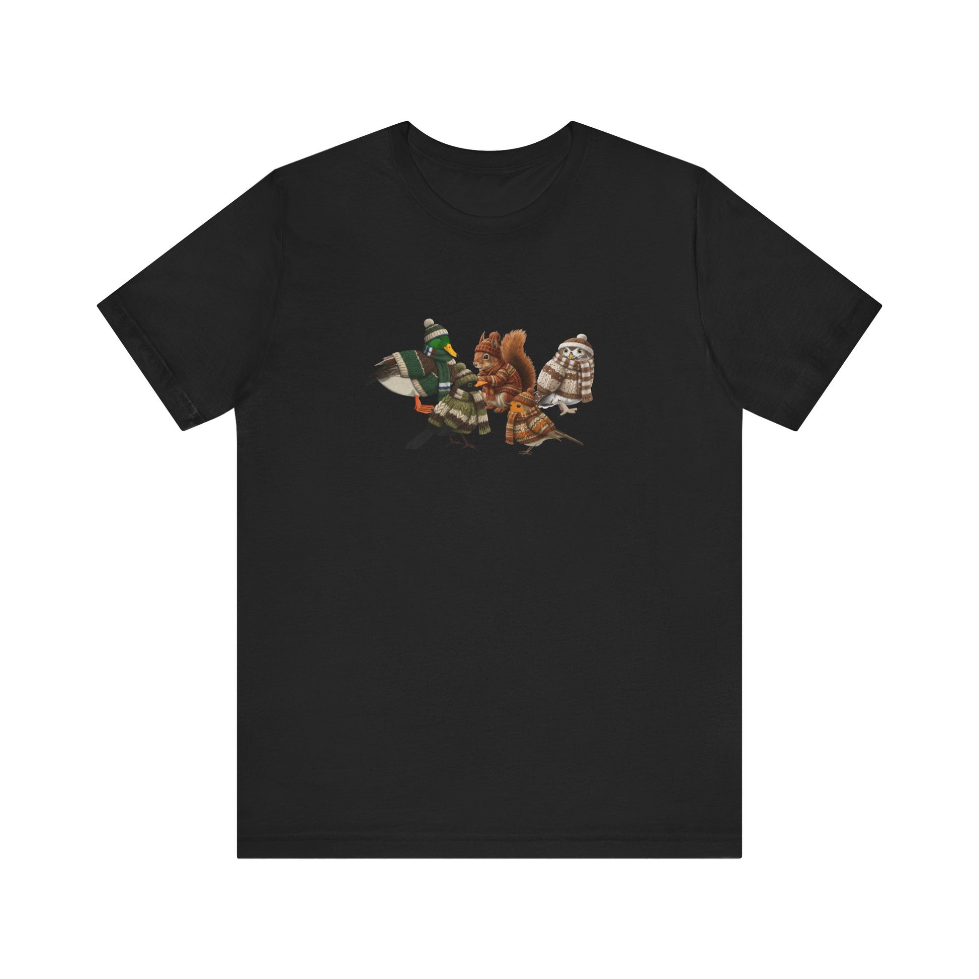 Lustiges Vogelmotiv Winter T-Shirt: Die kuschelige Garten-Gang mit Mütze & Pullover