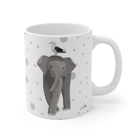Möwe auf einem Elefanten Vogel Tasse Punkte Grau