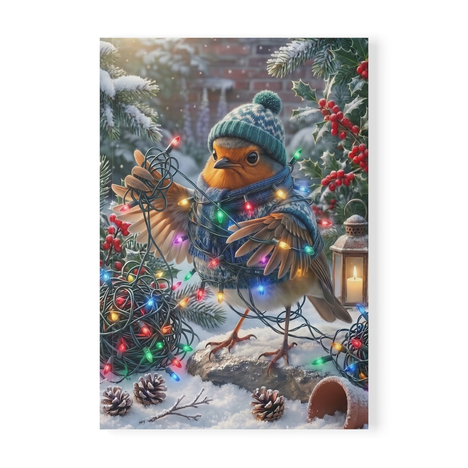 Mattes A5 Notizbuch, das Cover zeigt eine lustige digitale Illustration des Gartenvogels Rosi Rotkehlchen, das sich völlig in einer leuchtenden Lichterkette verheddert hat.