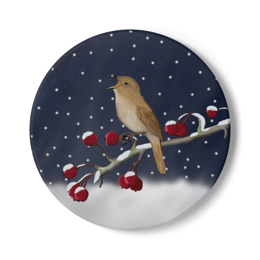 Nachtigall im Schnee Keramik-Untersetzer: Weihnachtliches Vogel-Motiv