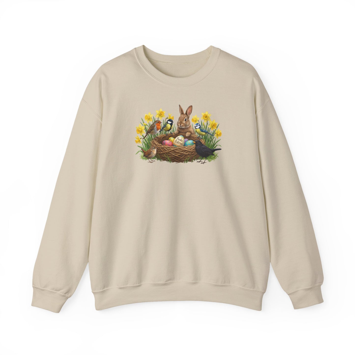 Beige sweatshirt with Easter-themed design featuring a rabbit, eggs, and flowers on a white background.