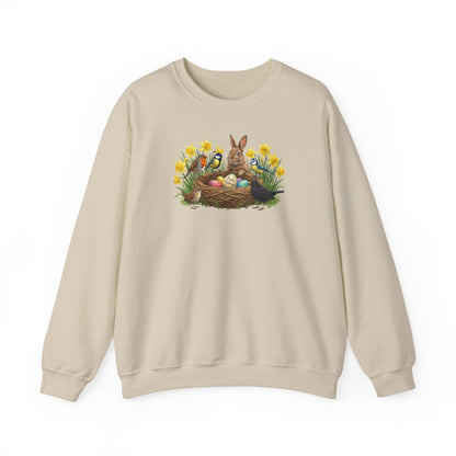 Beige sweatshirt with Easter-themed design featuring a rabbit, eggs, and flowers on a white background.