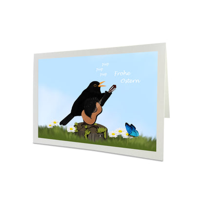 Osterkarte Amsel mit Gitarre und Schmetterling Lustige Vogel Grußkarte mit Umschlag
