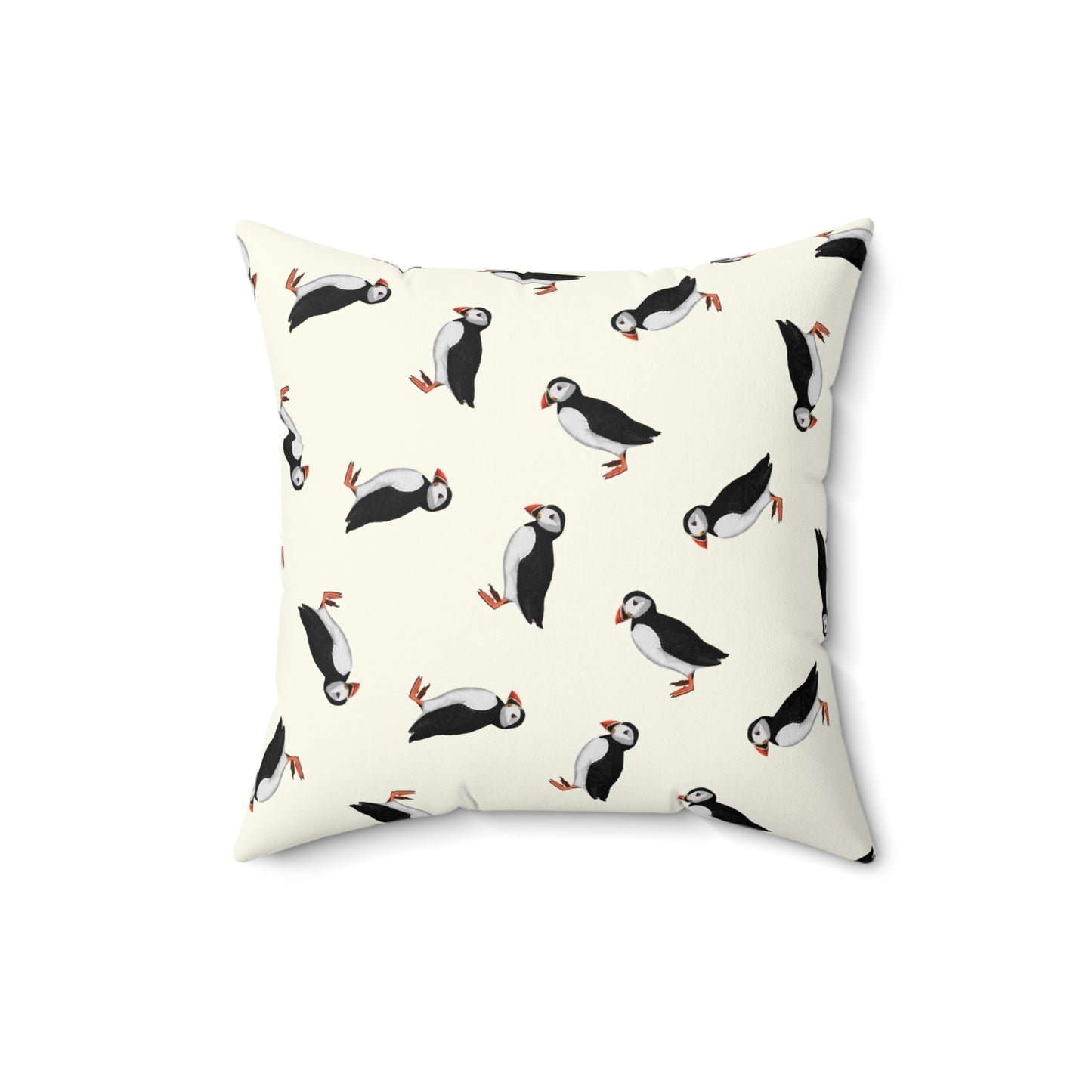 Papageitaucher Dekokissen in Cremeweiß | Gemaltes Vogelmotiv & Sofakissen 40x40cm für Naturfreunde