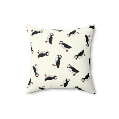 Papageitaucher Dekokissen in Cremeweiß | Gemaltes Vogelmotiv & Sofakissen 40x40cm für Naturfreunde