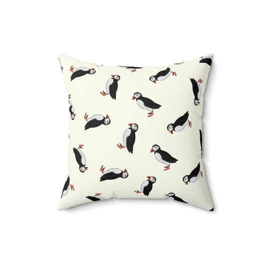 Papageitaucher Dekokissen in Cremeweiß | Gemaltes Vogelmotiv & Sofakissen 40x40cm für Naturfreunde