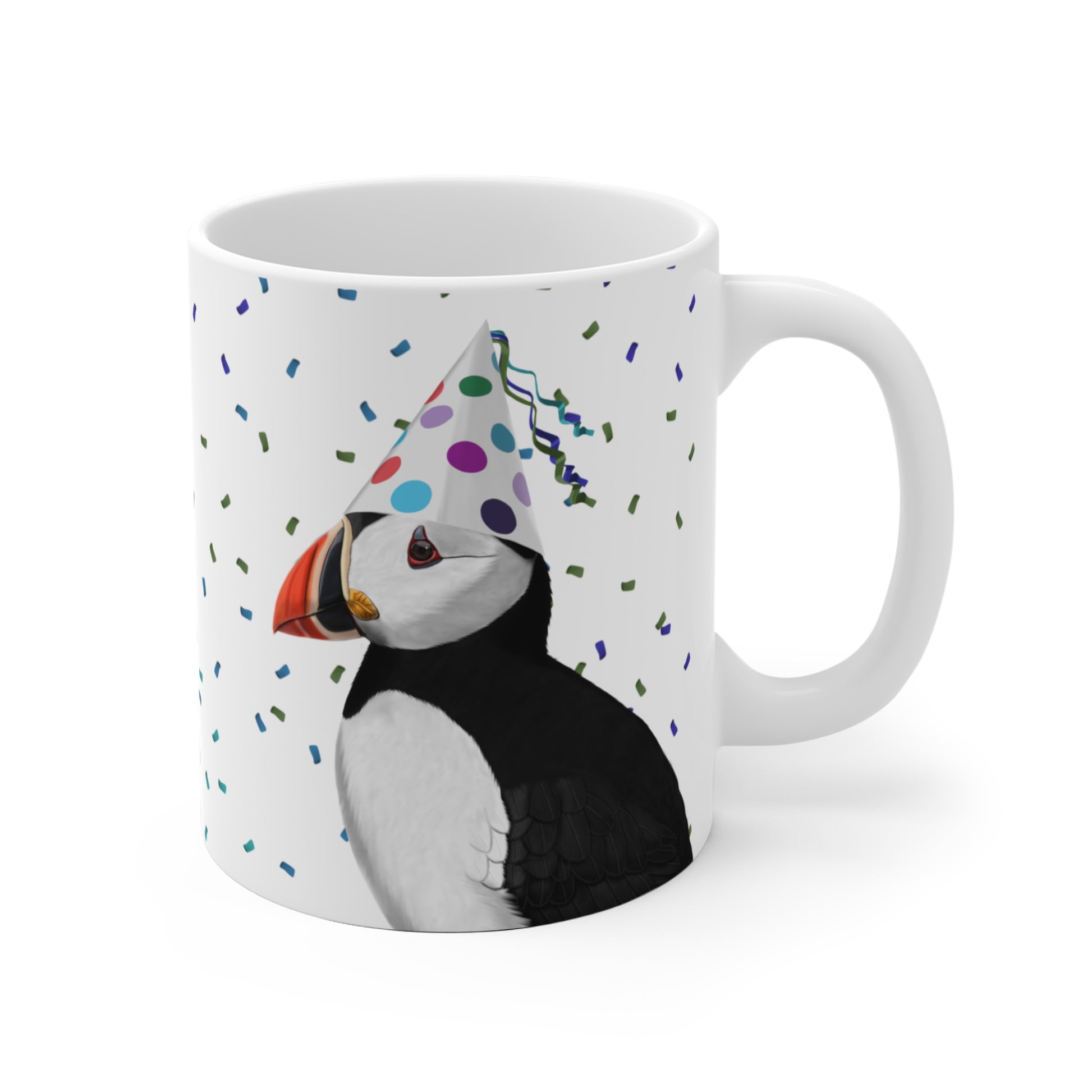 Papageitaucher feiert Geburtstag mit Partyhut und Konfetti Vogel Tasse