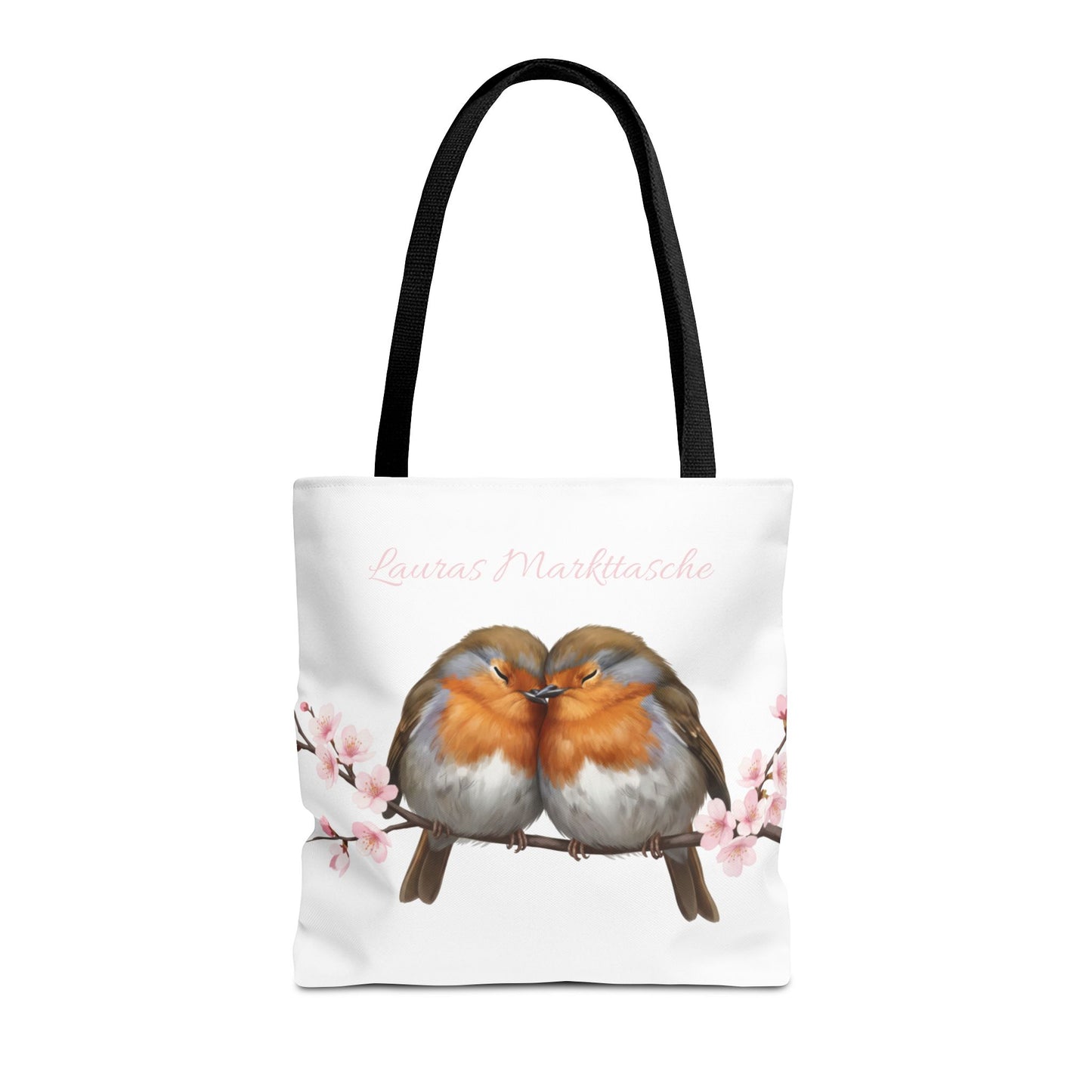 tragetasche mit zwei rotkehlchen auf einem ast mit kirschblueten, personalisierbar mit namen 