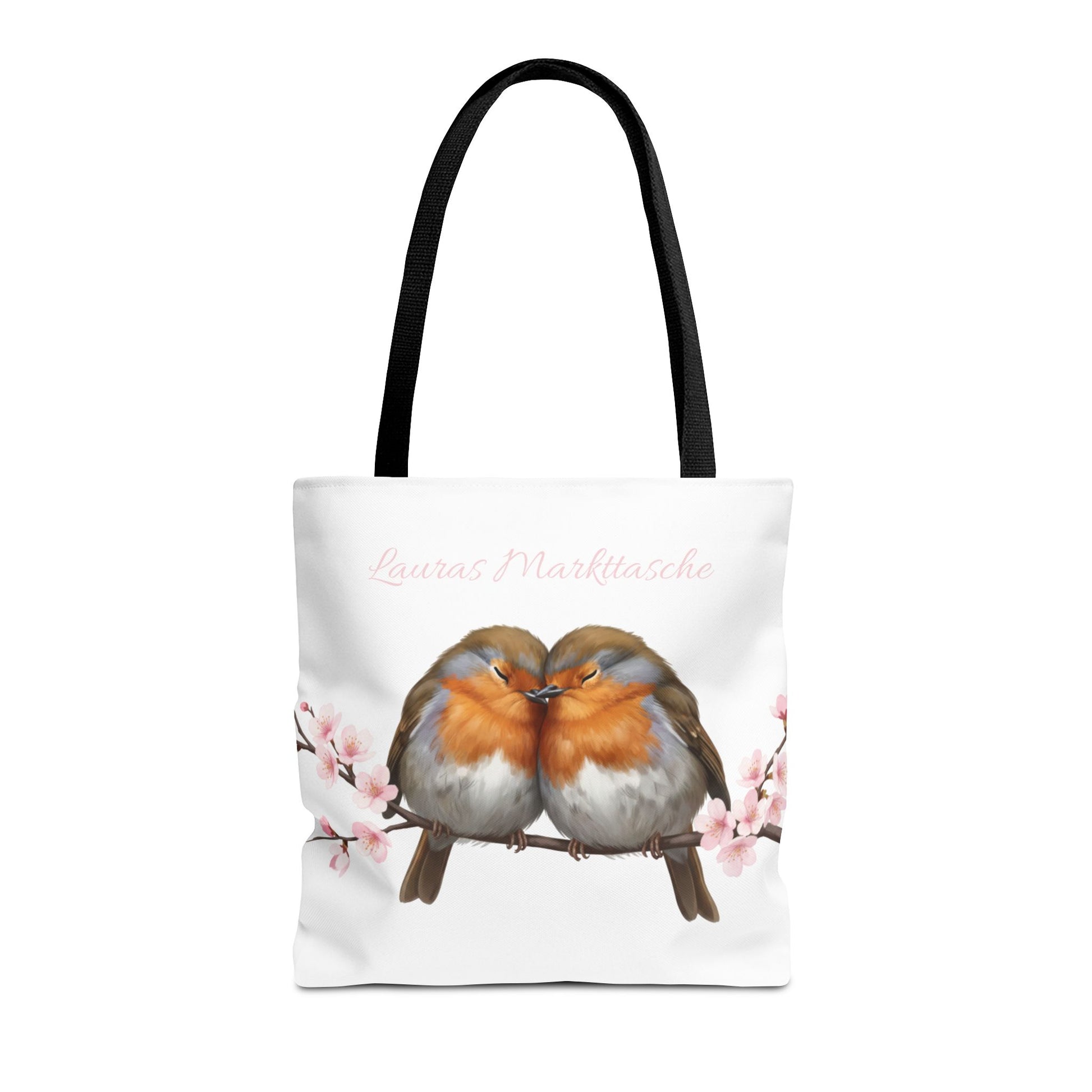 tragetasche mit zwei rotkehlchen auf einem ast mit kirschblueten, personalisierbar mit namen 