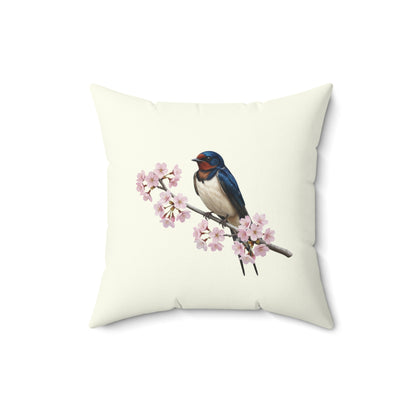 Rauchschwalbe Kissen mit Kirschblüten in Cremeweiß | Dekokissen 40x40 mit Vogelmotiv