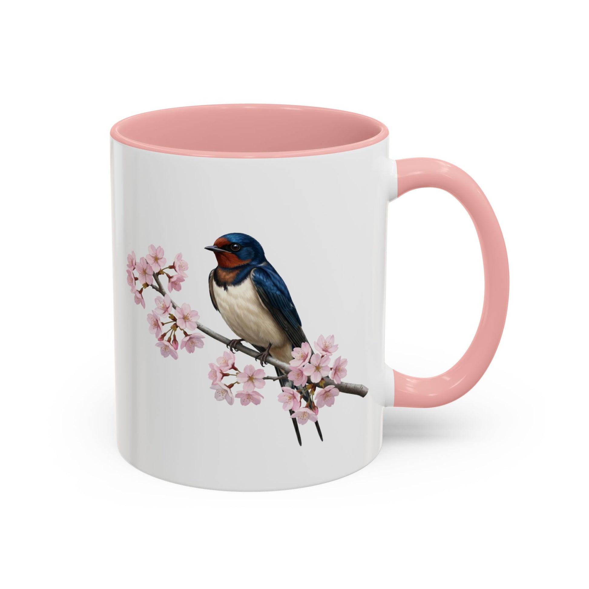 Rauchschwalbe Tasse mit Kirschblüten | Rosa Keramiktasse für Vogelfreunde