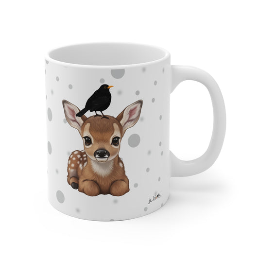 Rehkitz Tasse mit Amsel Tiermotiv Punkte Grau
