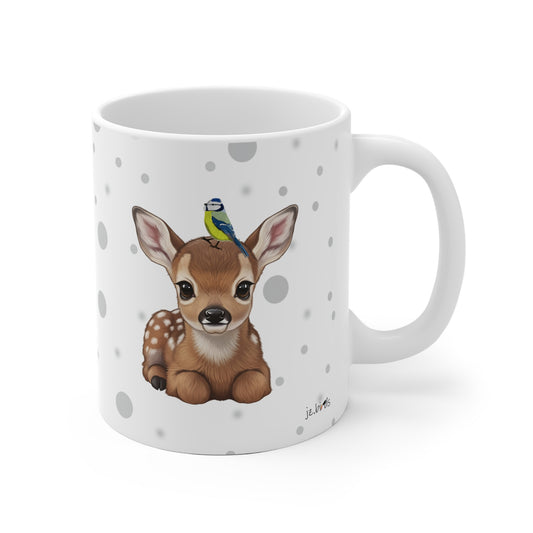 Rehkitz Tasse mit Blaumeise Tiermotiv Punkte Grau