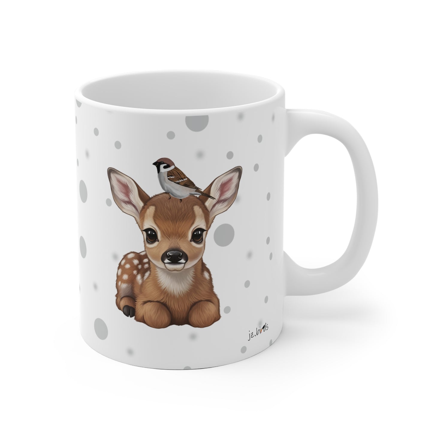 Rehkitz Tasse mit Spatz Tiermotiv Punkte Grau