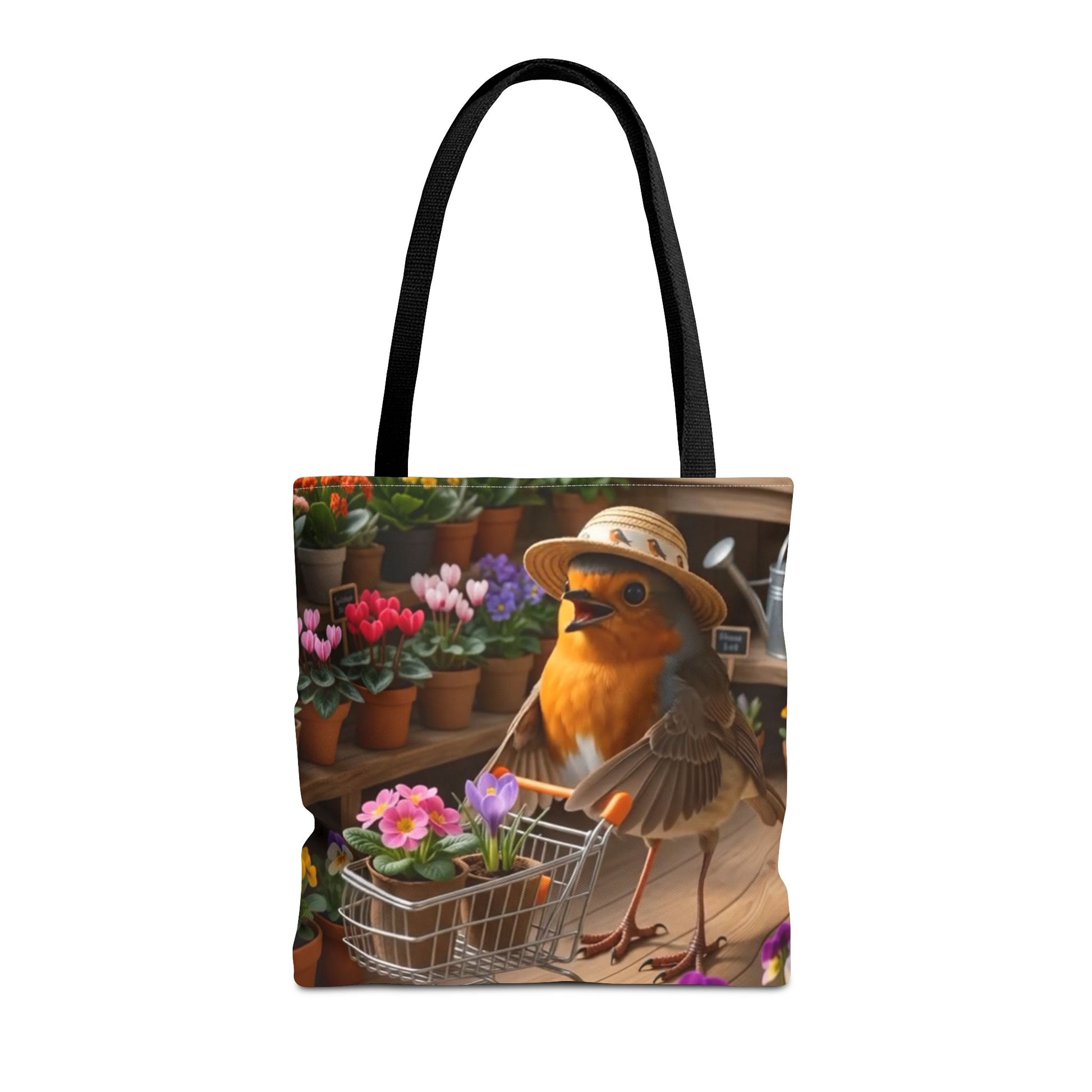 Robuste 40x40 cm Stofftasche mit einer digital gemalten Illustration von Rosi Rotkehlchen mit einem Einkaufswagen voller Blüten in einem Blumenladen.
