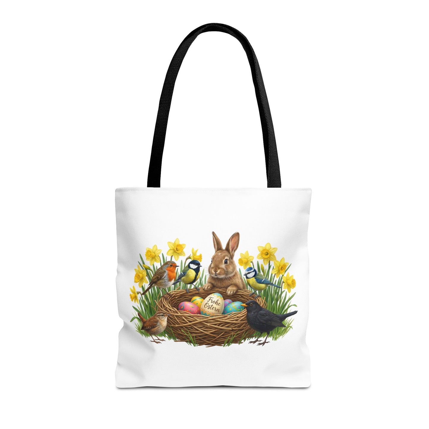 Robuste Einkaufstasche mit Frühlings-Motiv: Kaninchen und Rotkehlchen zwischen gelben Osterglocken.