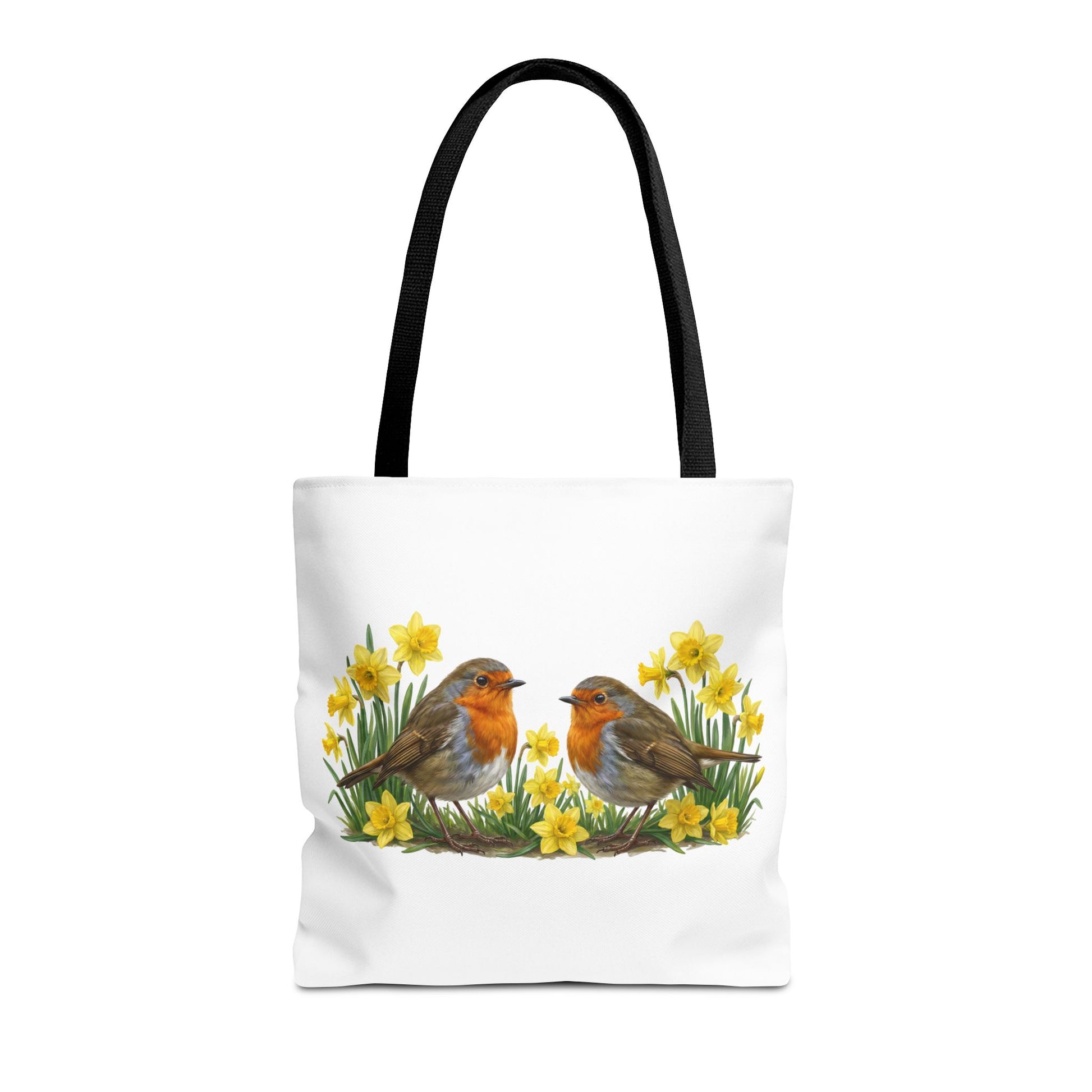 Robuste Einkaufstasche mit Frühlings-Motiv: Rotkehlchen zwischen gelben Osterglocken.