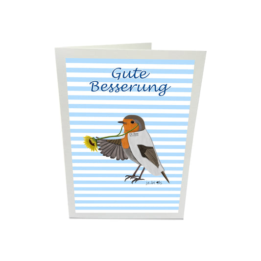 Rosi Rotkehlchen Gute Besserung Vogel Genesungskarte mit Umschlag Blau/Rosa