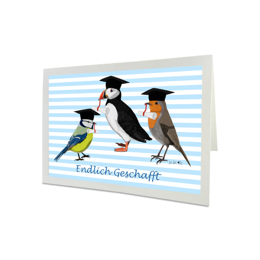 Rotkehlchen Blaumeise Papageitaucher Vogel Glückwunschkarte Schulabschluss Abitur Uni Rosa/Blau Farbe Personalisierbar