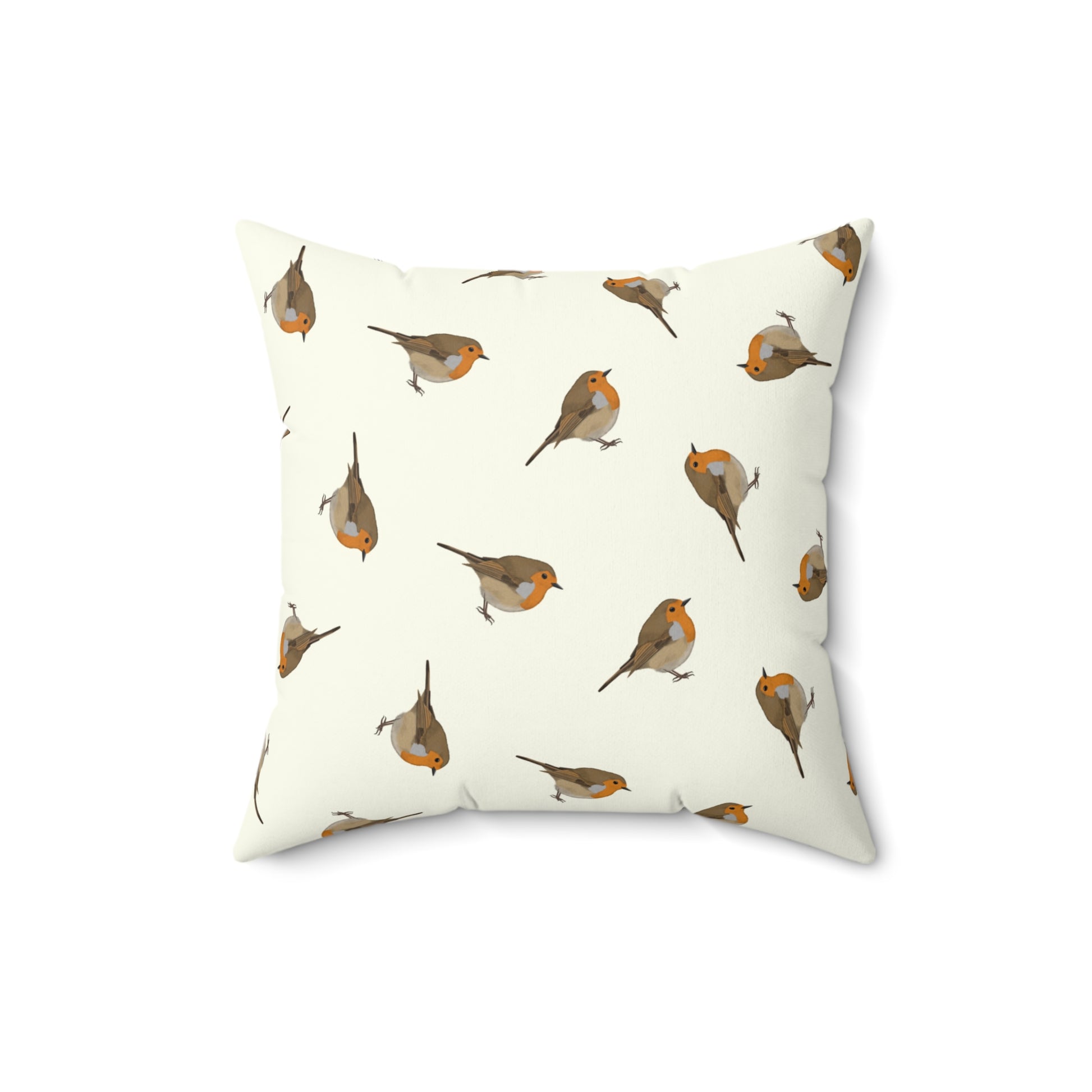 Rotkehlchen Dekokissen in Cremeweiß | Gemaltes Vogelmotiv & Sofakissen 40x40cm für Naturfreunde