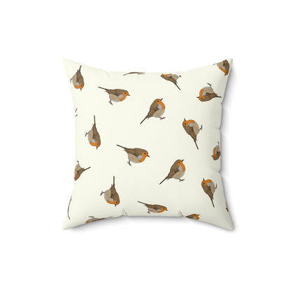 Rotkehlchen Dekokissen in Cremeweiß | Gemaltes Vogelmotiv & Sofakissen 40x40cm für Naturfreunde