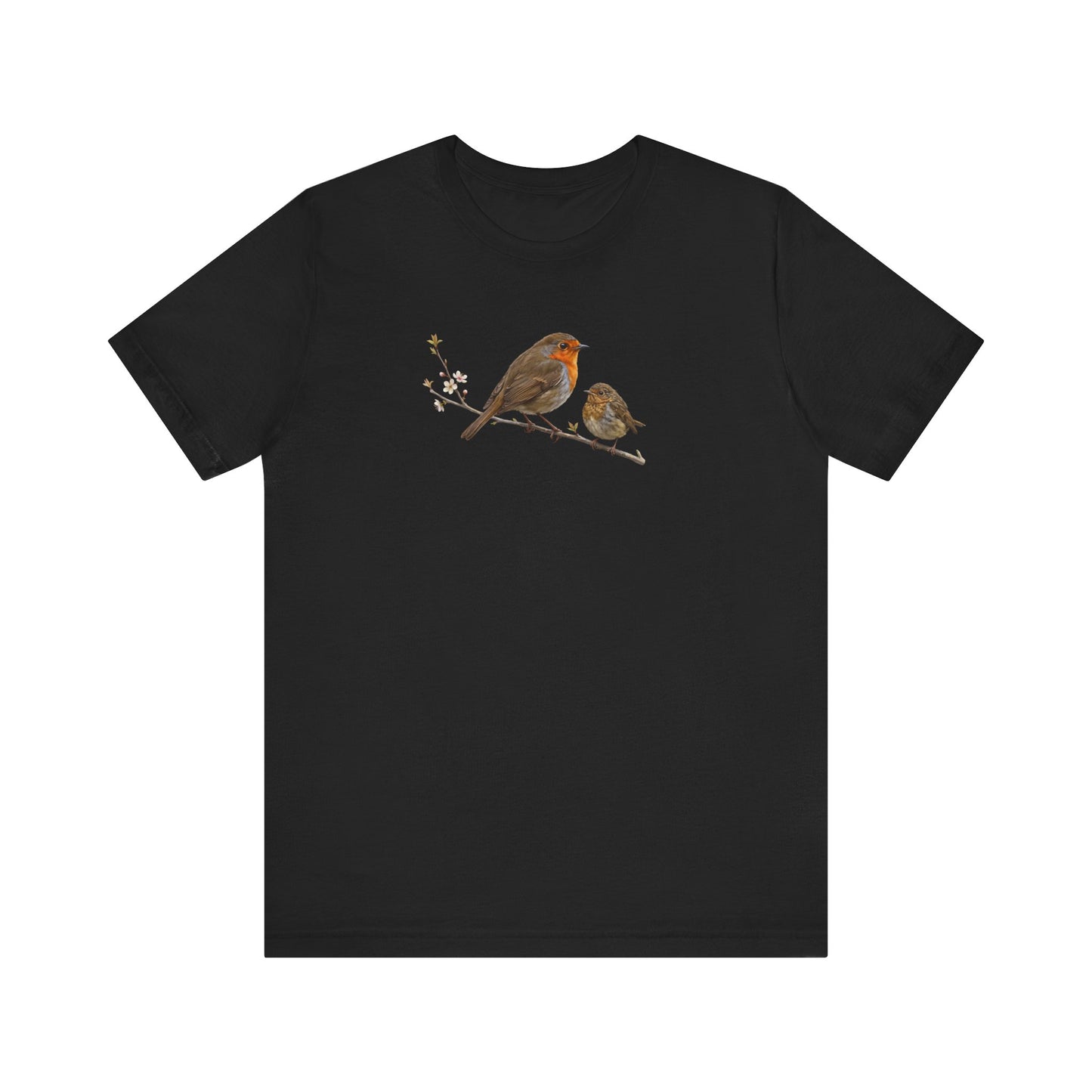 Rotkehlchen & Jungvogel T-Shirt | Frühlingsblüten Vogelmotiv für Vogelbeobachter