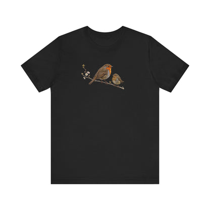 Rotkehlchen & Jungvogel T-Shirt | Frühlingsblüten Vogelmotiv für Vogelbeobachter