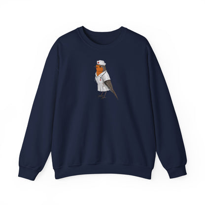 Navy blue sweatshirt with a graphic of a bird in a chef's outfit on a white background
