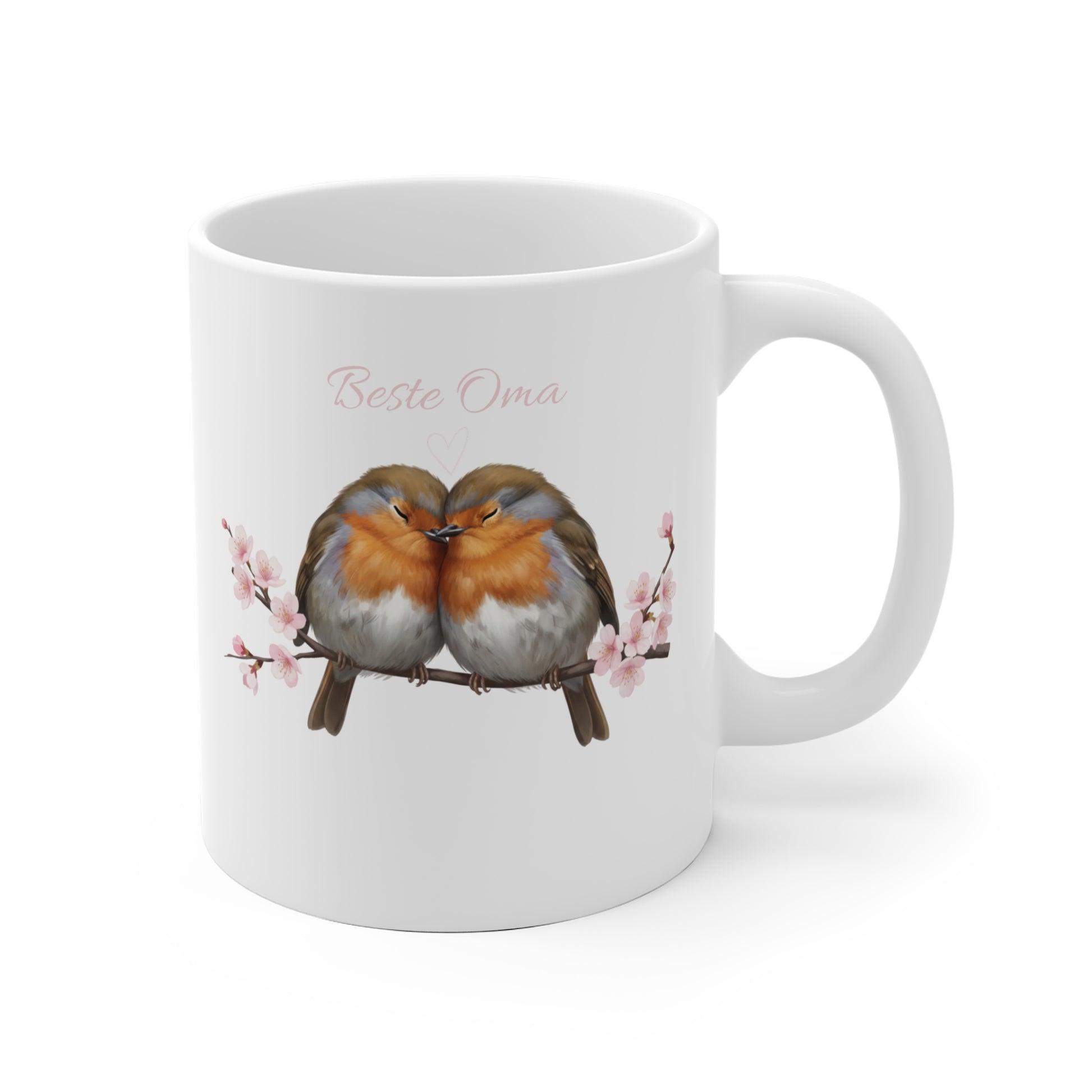 personalisierte tasse mit zwei rotkehlchen auf einem ast mit kirschblüten.