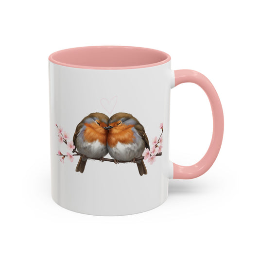 Rotkehlchen Pärchen mit Kirschblüten Tasse rosa weiß - Romantisches Geschenk für Vogelfreunde